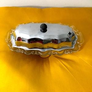 Vintage Chrome and Glass COVERED BUTTER DISH with Glass Plate.